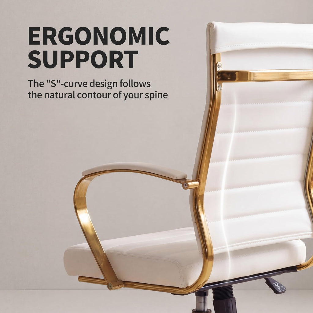 Gold Office Desk Chair, Ergonomic Leather Modern Conference Room Chairs, Executive Ribbed Height Adjustable Swivel Rolling Golden Chair for Home Office.