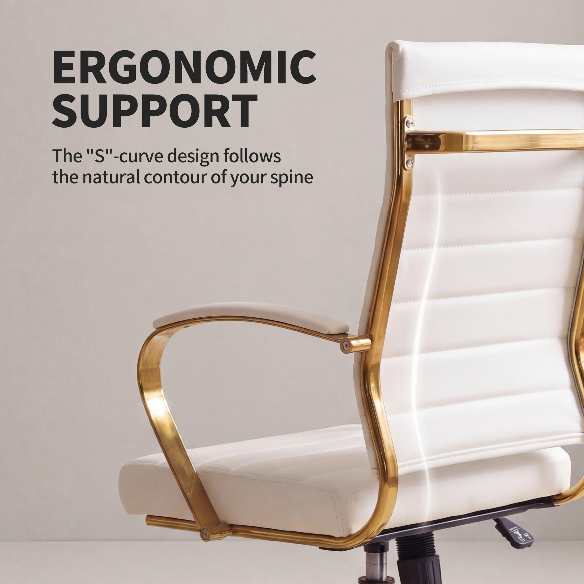Gold Office Desk Chair, Ergonomic Leather Modern Conference Room Chairs, Executive Ribbed Height Adjustable Swivel Rolling Golden Chair for Home Office.