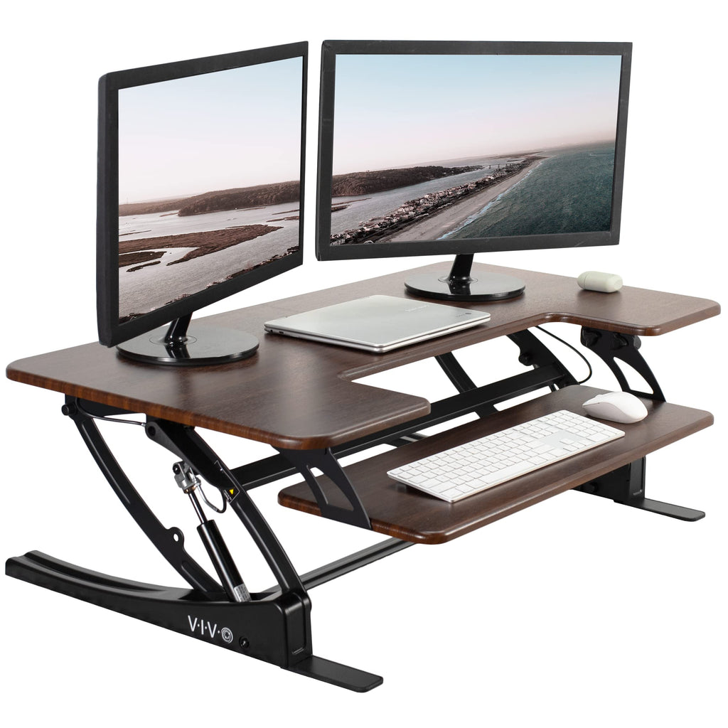 42 inch Height Adjustable Stand Up Desk Converter, V Series, Quick Sit to Stand Tabletop Dual Monitor Riser Workstation, Dark Walnut Top, Black Frame