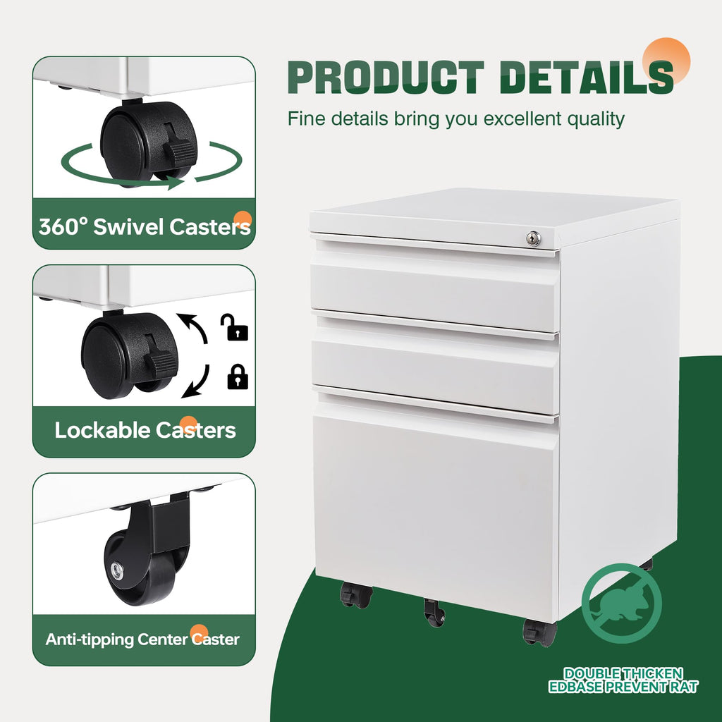 3 Drawer Mobile File Cabinet with Lock, Under Desk Metal Filing Cabinets for Home Office Organizer Letters/Legal/A4(Fully Assembled-White)