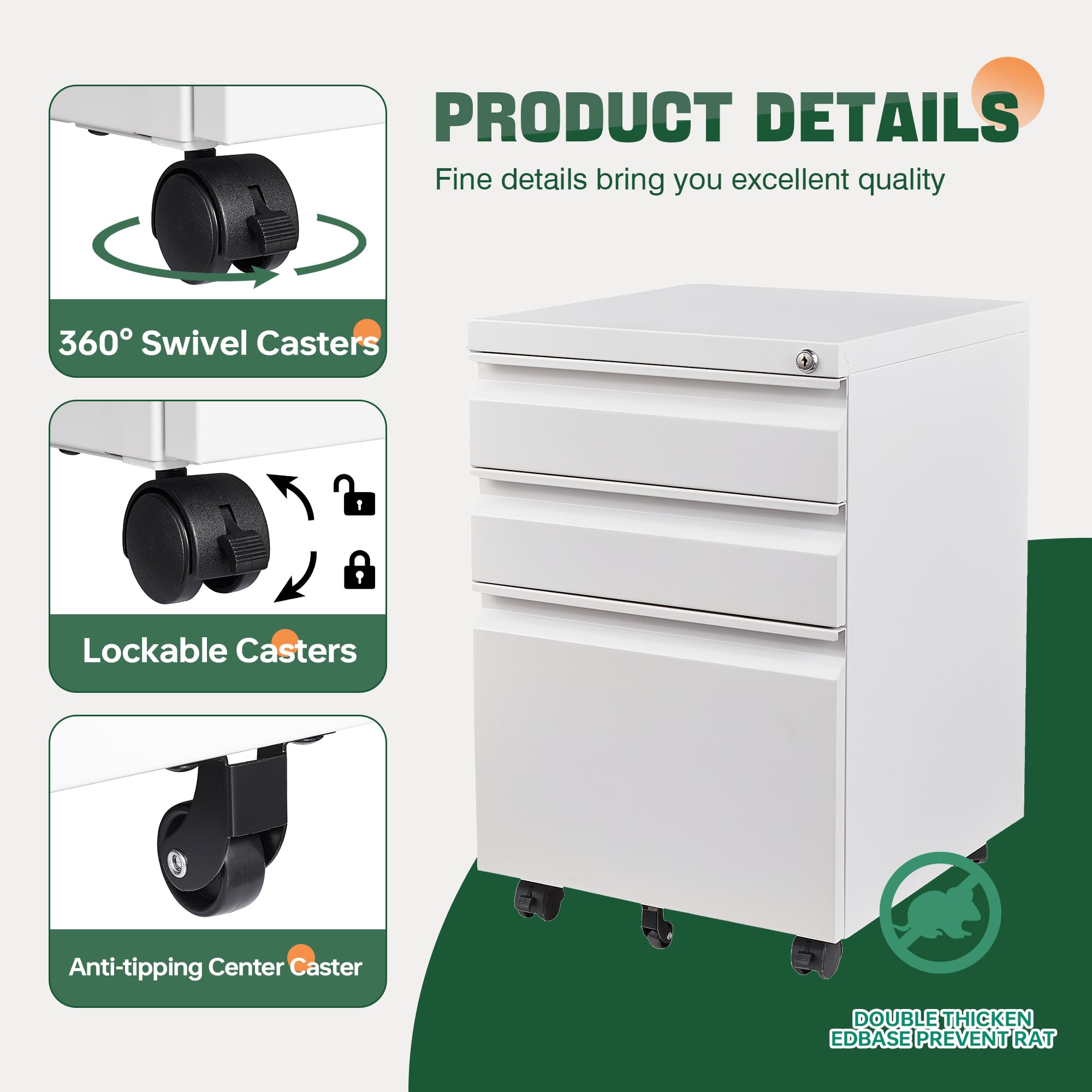 3 Drawer Mobile File Cabinet with Lock, Under Desk Metal Filing Cabinets for Home Office Organizer Letters/Legal/A4(Fully Assembled-White)