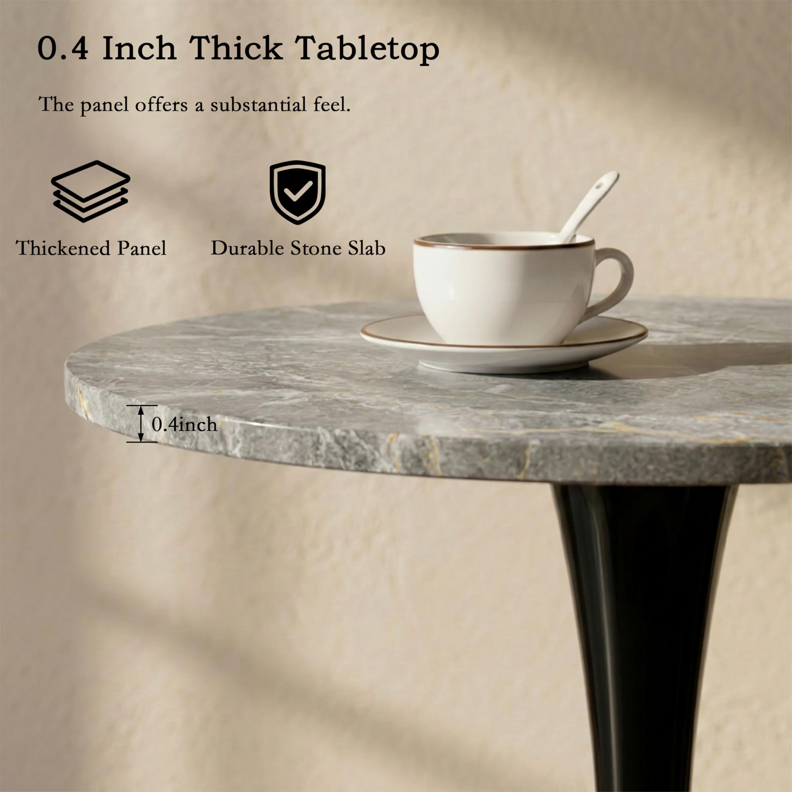 Sybrioka 27.6" Marble Round Tulip Table, Mid-Century Modern Style Dining Table with Black Pedestal Base for 2-4 People, Featuring A Marble Tabletop for Kitchen, Dining Room, Cafe (Dark Grey)