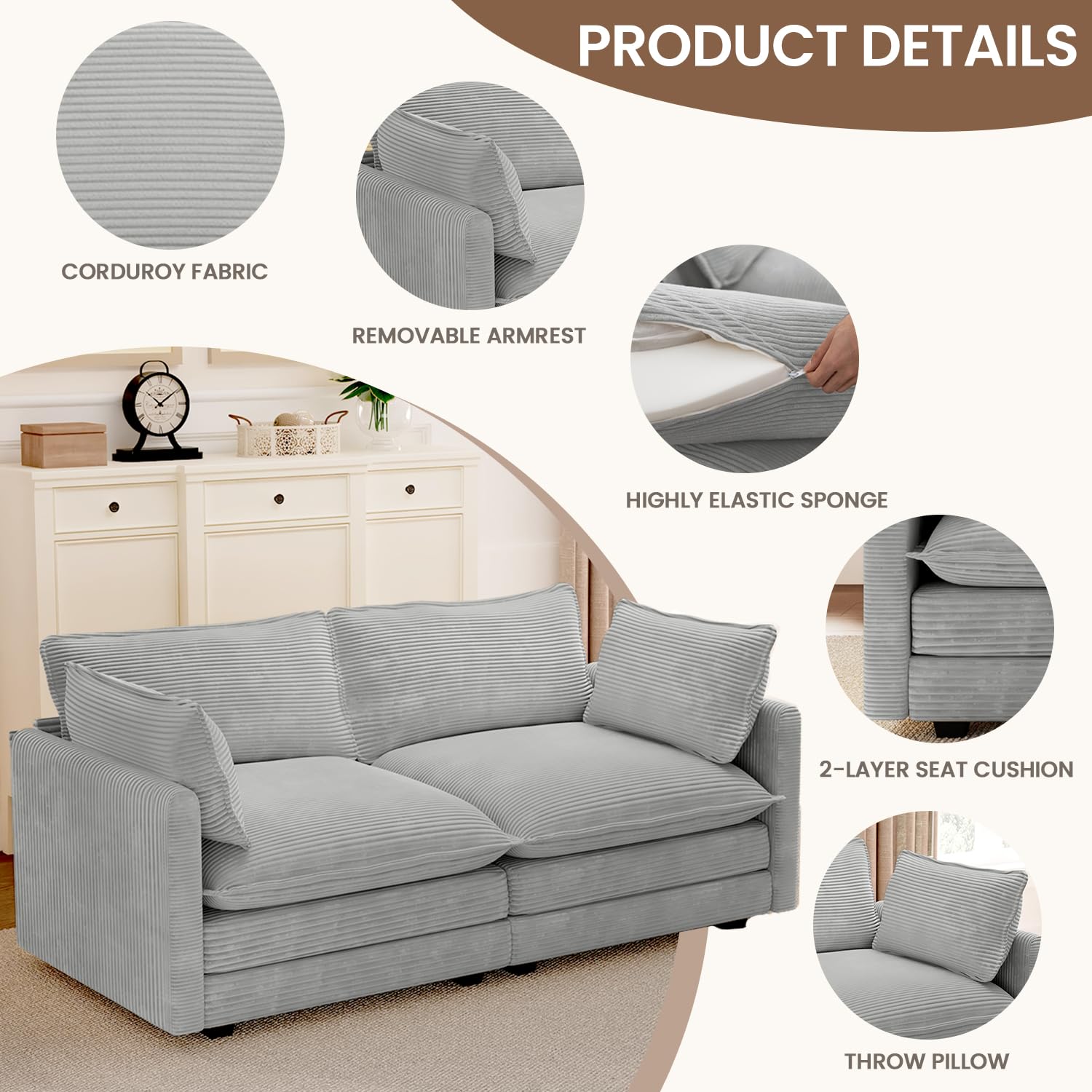 78'' Sectional 2 Seat Cloud Loveseat with 2 Throw Pillows, Modern Corduroy Love Seat, Cozy Sofa for Living Room, Office and Bedroom, Light Grey