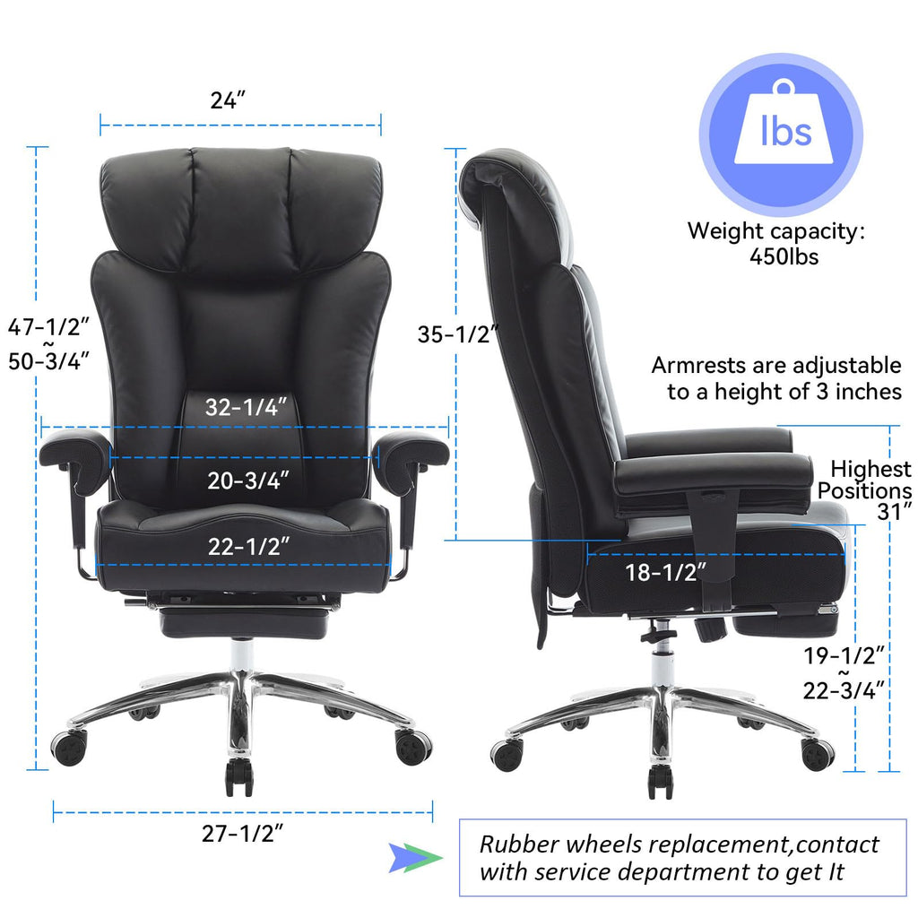 Big and Tall Office Chair 400 lbs Capacity, Oversized Executive Desk Chair with Footrest, Extra Wide 23" Seat, High Back Ergonomic PU Leather Home Office Chair， Black