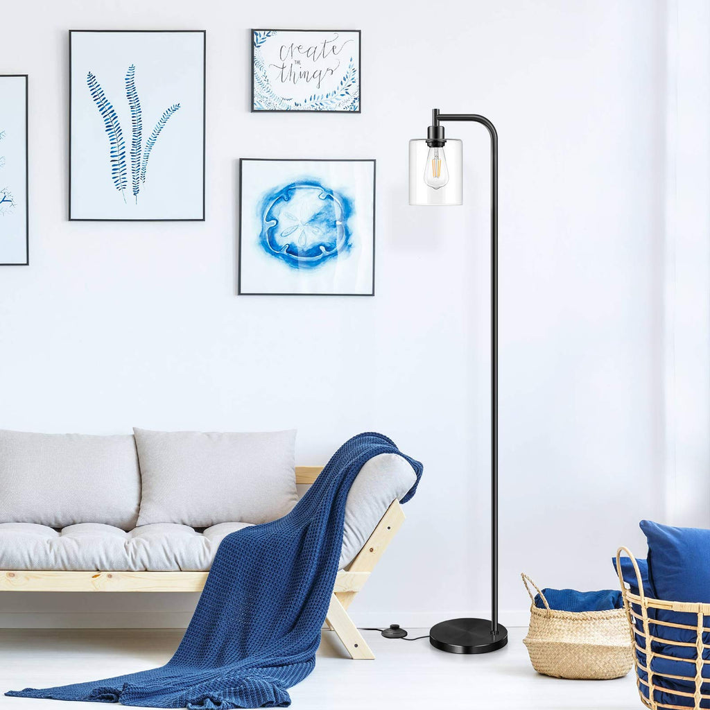 Black Industrial Floor Lamp with Hanging Glass Shade