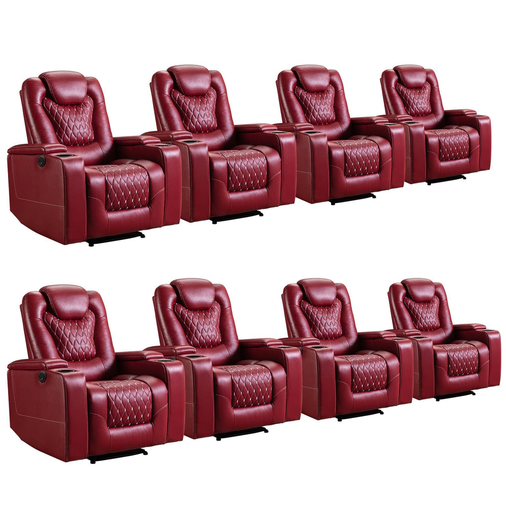 Power Recliner Chair Set of 8, Electric Soft Faux Leather Reclining Home Theater Seating - USB Ports, Cup Holders, Hidden Arm Storage Movie & Media Room Chairs (Red)
