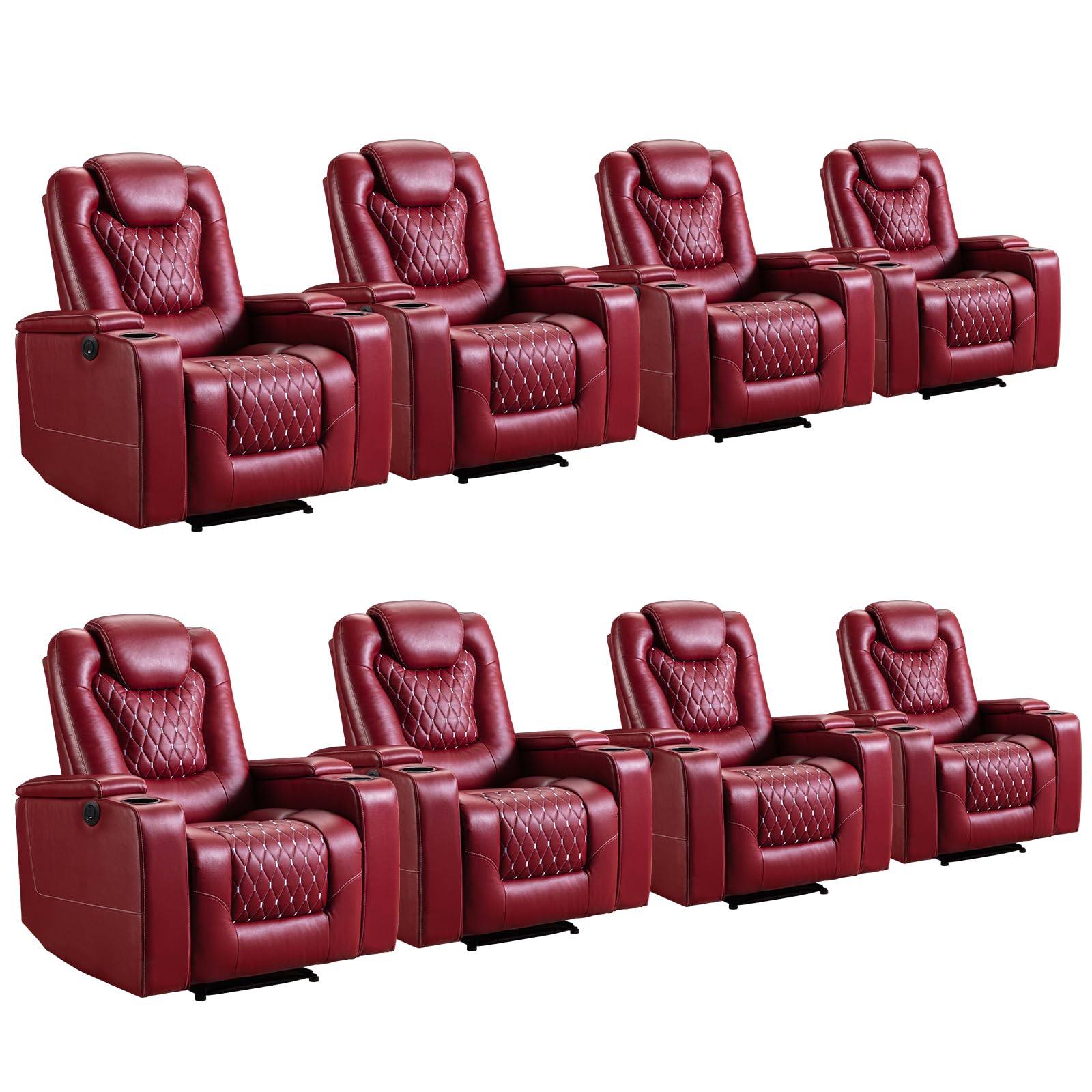 Power Recliner Chair Set of 8, Electric Soft Faux Leather Reclining Home Theater Seating - USB Ports, Cup Holders, Hidden Arm Storage Movie & Media Room Chairs (Red)