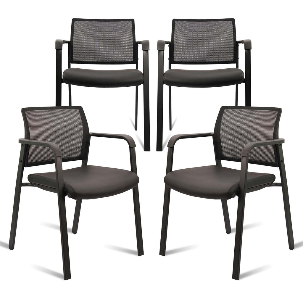 Set of 4, Stackable Office Chair, Mesh Back Guest Chairs with Comfortable Leather Seat Arms Stacking Ergonomic Desk Chair No Wheels for Conference Waiting Reception School Stationary, Black