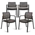Set of 4, Stackable Office Chair, Mesh Back Guest Chairs with Comfortable Leather Seat Arms Stacking Ergonomic Desk Chair No Wheels for Conference Waiting Reception School Stationary, Black