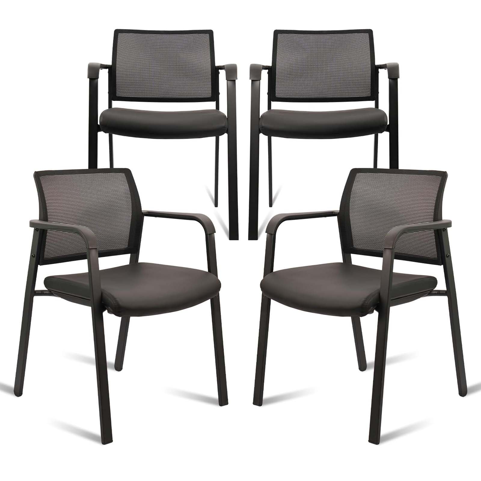 Set of 4, Stackable Office Chair, Mesh Back Guest Chairs with Comfortable Leather Seat Arms Stacking Ergonomic Desk Chair No Wheels for Conference Waiting Reception School Stationary, Black