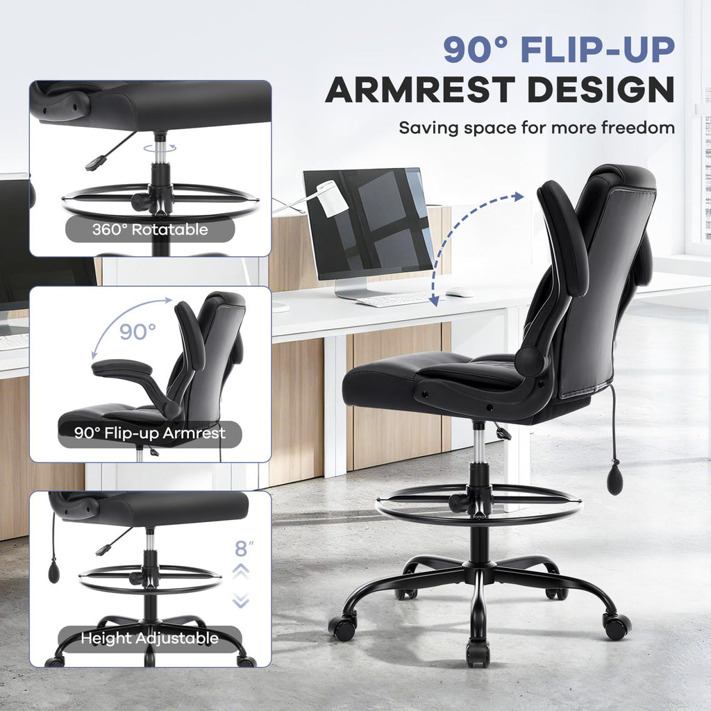 Leather Drafting Chair, Tall Office Chair for Standing Desk, High Executive Office Chair with Inflatable Lumbar Support,Adjustable Height,Flip-up Armres and Foot Ring Studio Chair Black