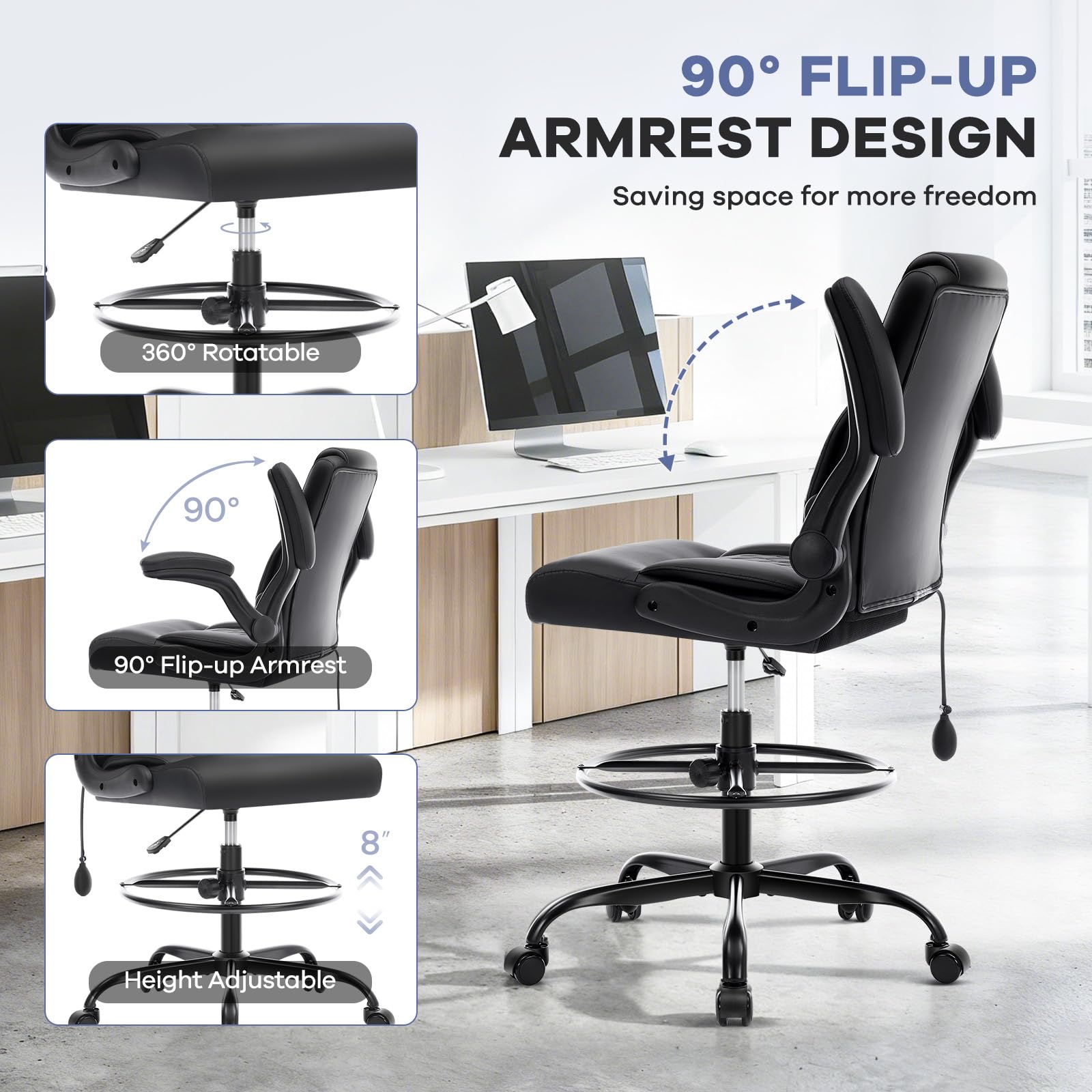 Leather Drafting Chair, Tall Office Chair for Standing Desk, High Executive Office Chair with Inflatable Lumbar Support,Adjustable Height,Flip-up Armres and Foot Ring Studio Chair Black