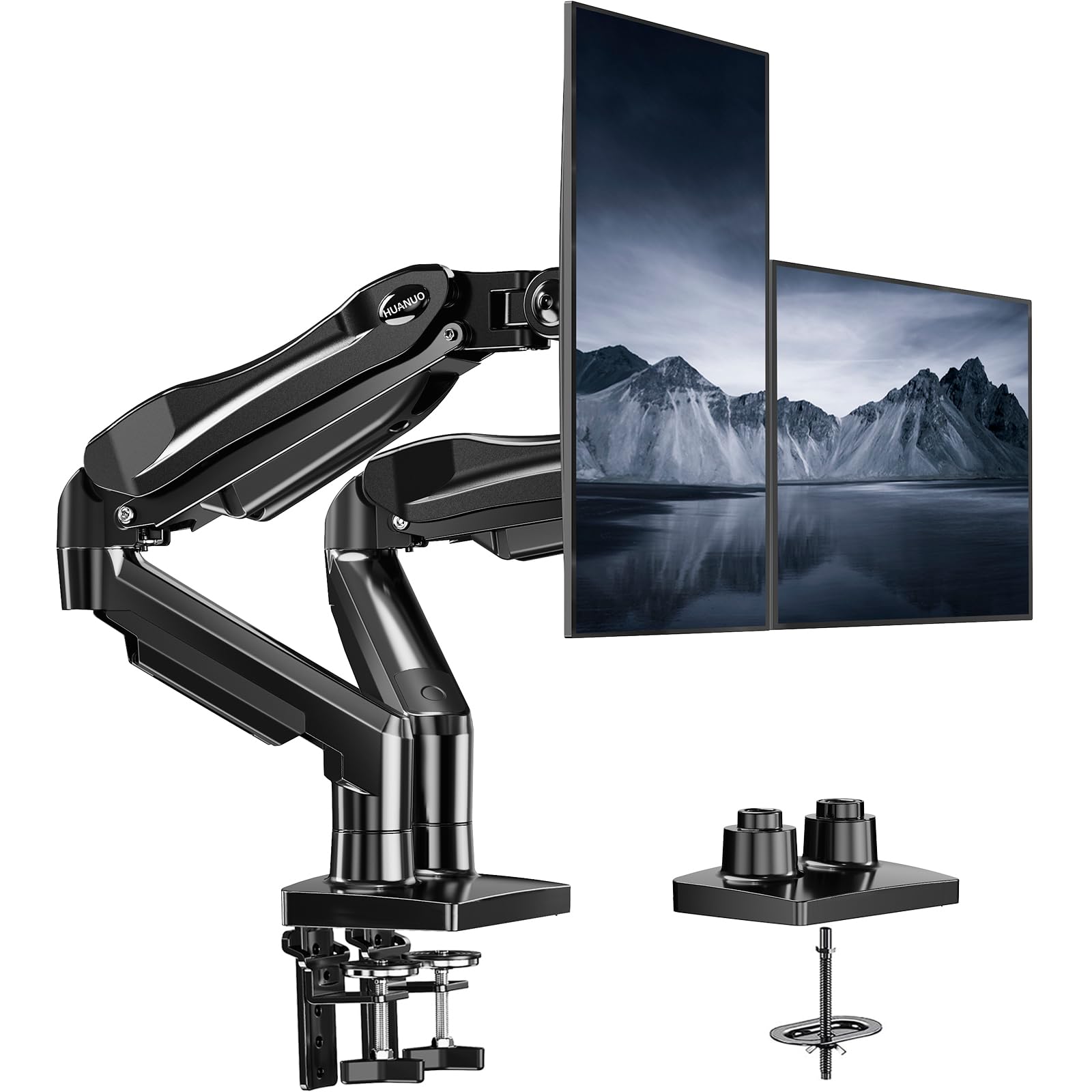 Dual Monitor Stand, Fully Adjustable Gaming Monitor Desk Mount for 13–27″ Computer Screens, Full Motion VESA 75x75/100x100 with C-Clamp & Grommet Base, Each Arm Holds 4.4 to 19.8 lbs