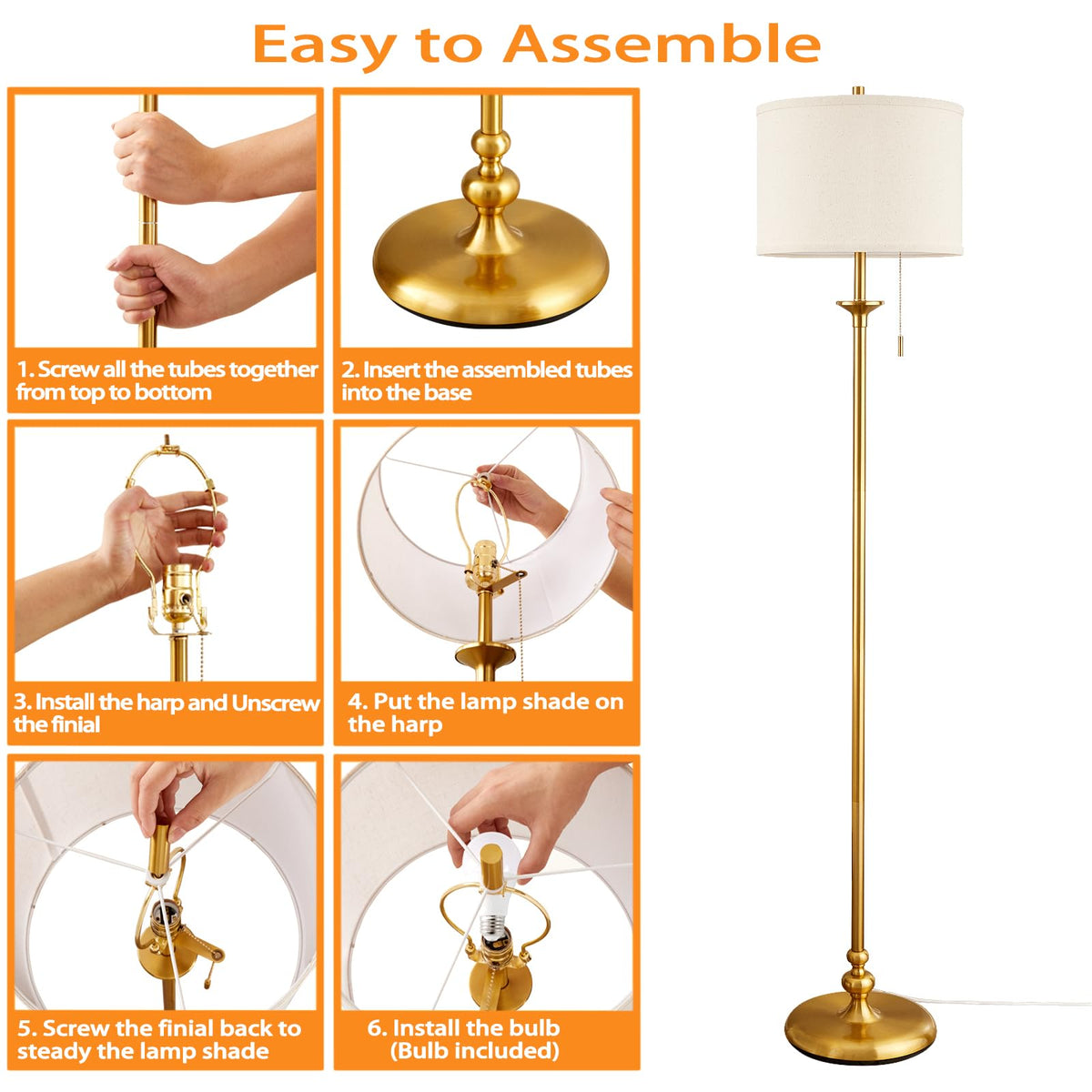 60" Gold Floor Lamp, Floor Lamps for Living Room with Fabric Shade