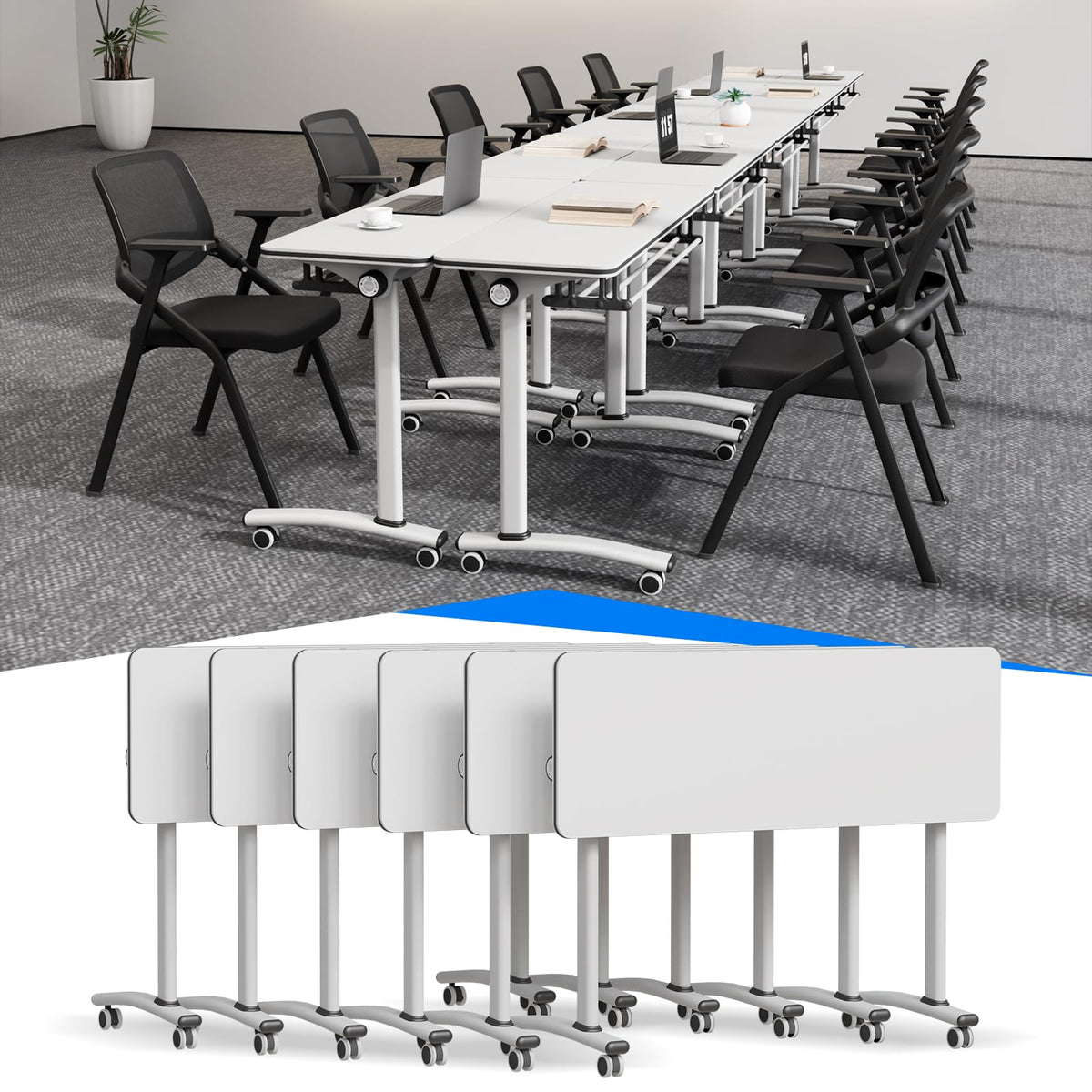 Conference Room Tables White,Folding Rectangular Flip Top Conference Table with Wheels for Large Meeting Seminar Home Office Classr (2, Little White, 47.2 * 15.7in)