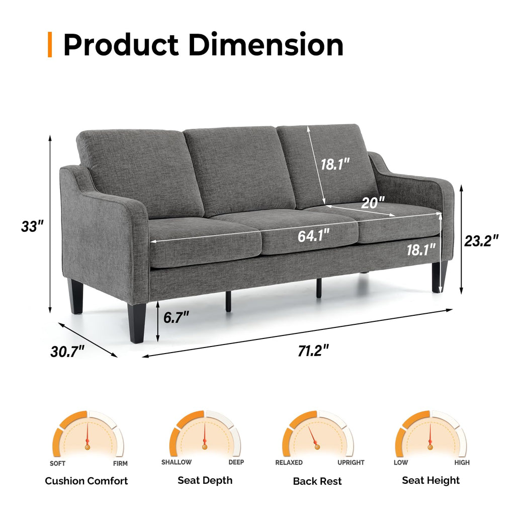 71" Small Couch Loveseat Sofa Mid-Century Modern Couch Grey Soft Chenille Couches Floor Sofa for Bedroom, Apartment, Lounge, Office