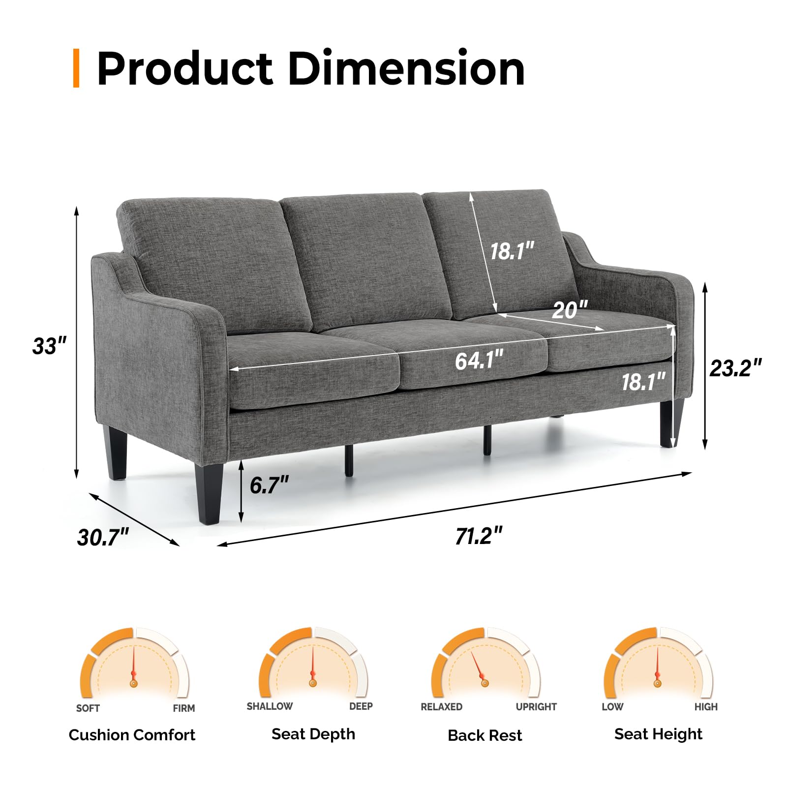 71" Small Couch Loveseat Sofa Mid-Century Modern Couch Grey Soft Chenille Couches Floor Sofa for Bedroom, Apartment, Lounge, Office