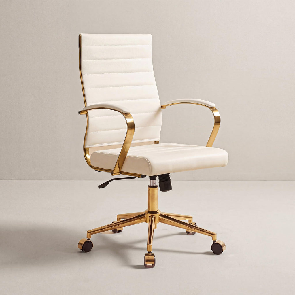 Gold Office Desk Chair, Ergonomic Leather Modern Conference Room Chairs, Executive Ribbed Height Adjustable Swivel Rolling Golden Chair for Home Office.