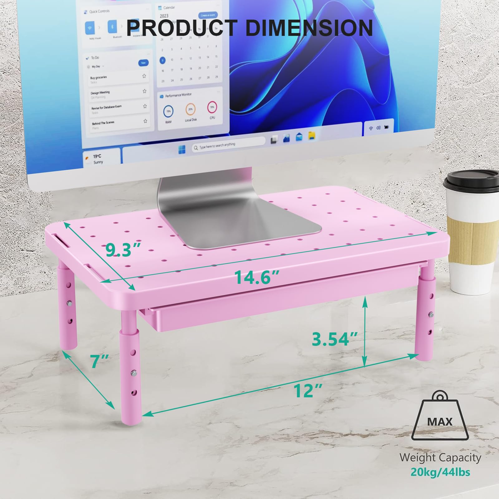 Computer Monitor Stand with Storage, Desk Monitor Riser 3 Height Adjustable, Laptop Riser with Airflow Vents, Desk Organizer for Computer, Laptop, Printer (PTT002-P), 1 Pack, Pink