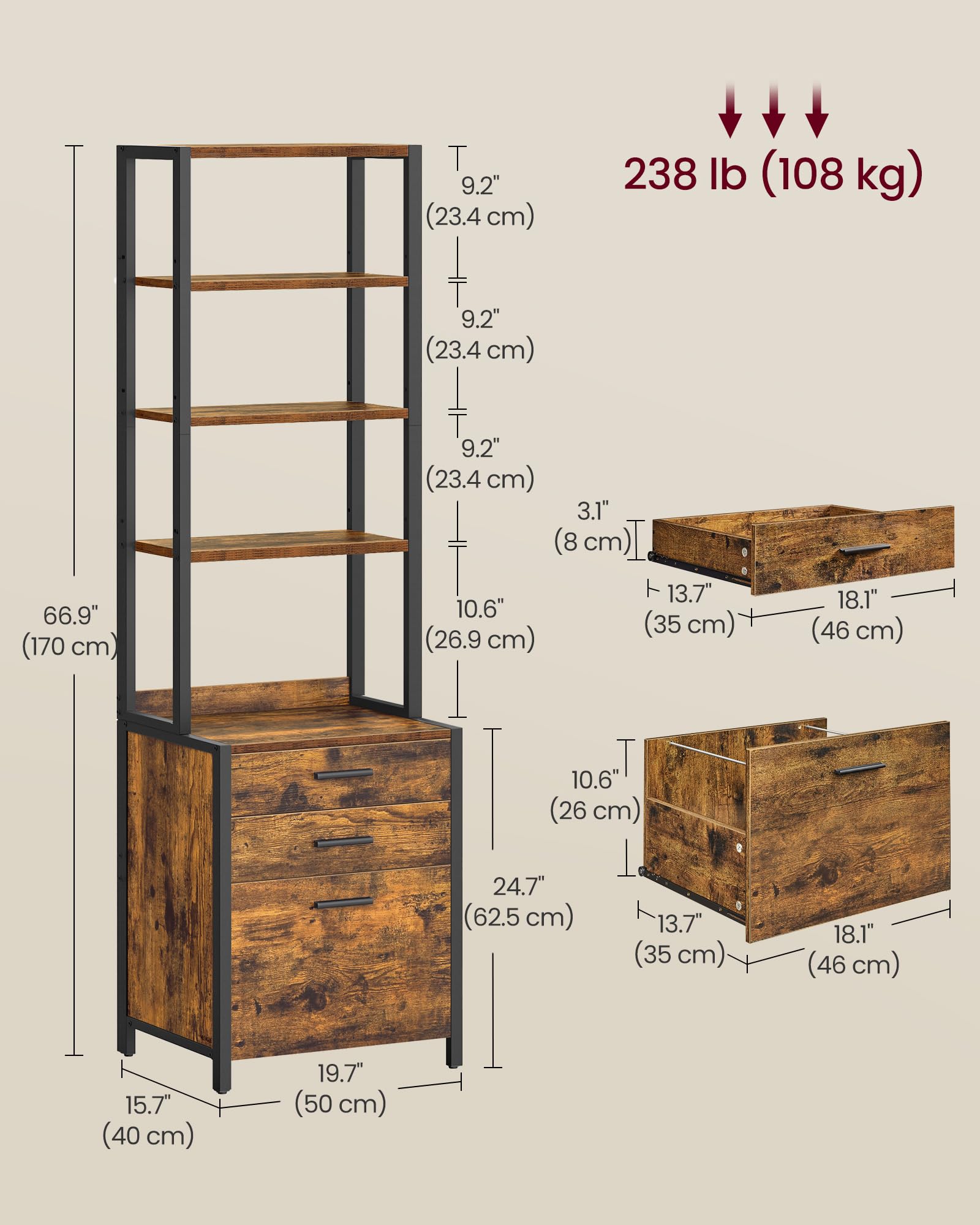 File Cabinet, Home Office Filing Cabinet with Height-Adjustable Open Shelves, 3 Drawers, for A4, Letter-Size Hanging File Folders, Steel Frame, for Home Office, Rustic Brown