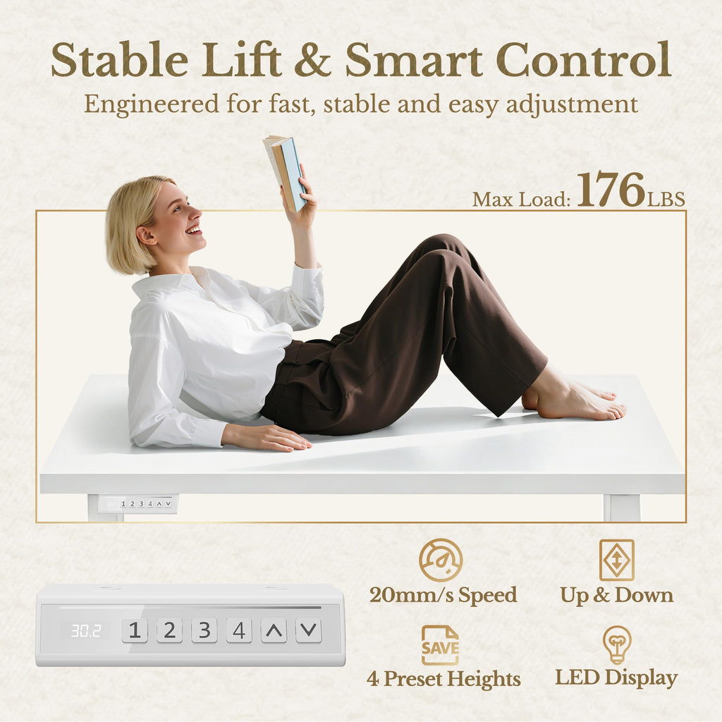 Electric Standing Desk, 48 Inch Adjustable Height Sit Stand Up Desk with 1.18" Thickness Whole-Piece Desktop, Computer Office Desk for Home Office, White
