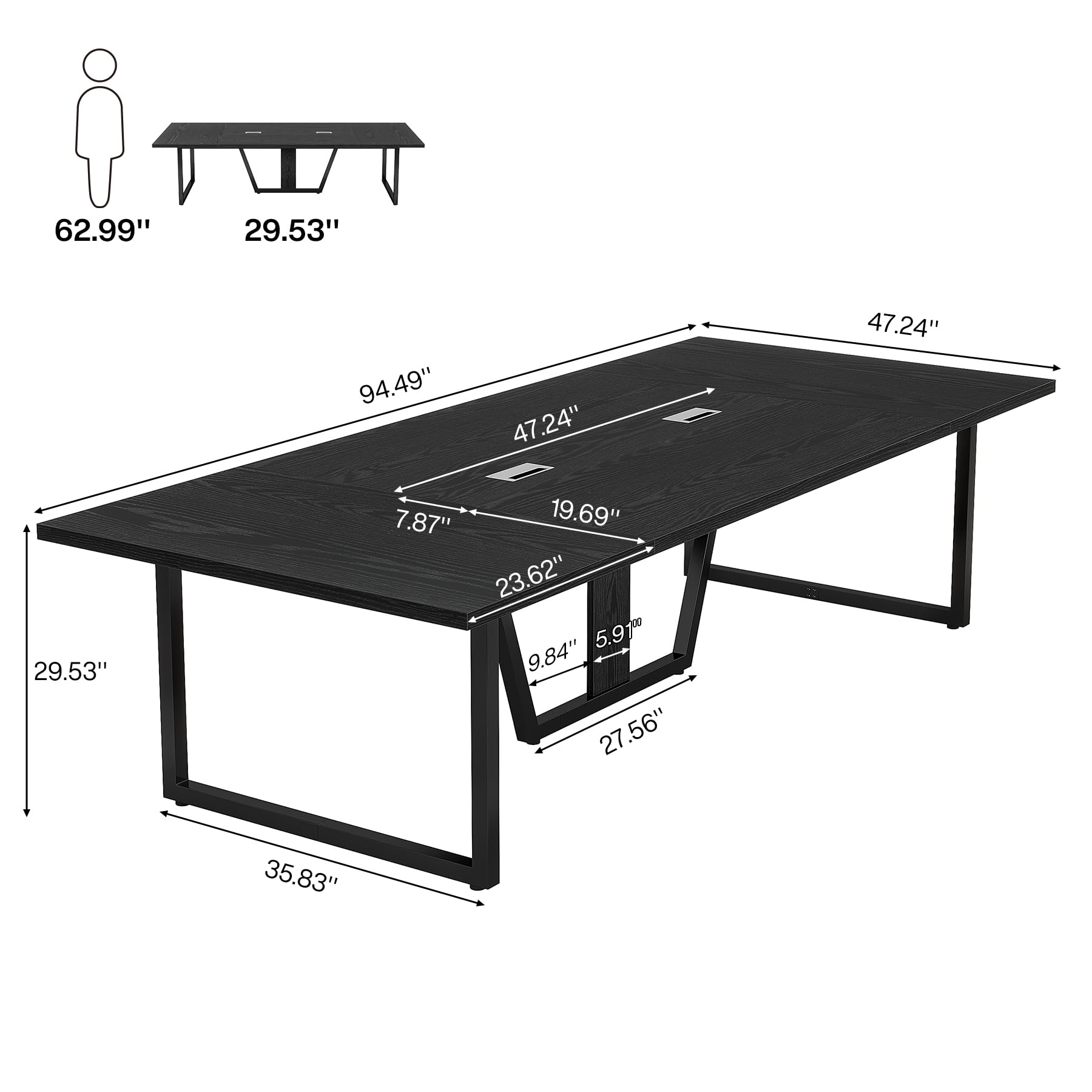 8FT Conference Table, 94.49 L x 47.24 W x 29.53 H Inches Large Meeting Podcast Table for 10 People, Business Style Wooden Training Table with Strong Metal Frame for Office Conference