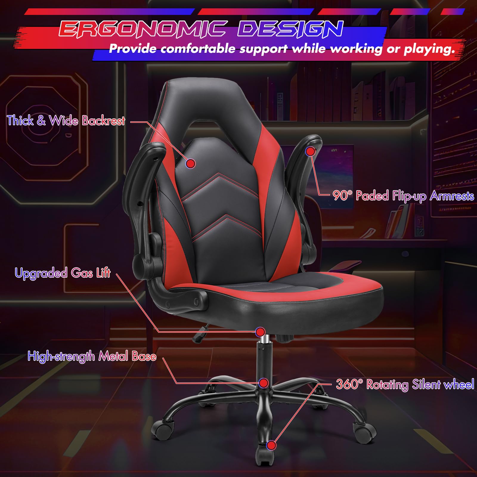 Computer Gaming Chair - PU Leather Ergonomic Lumbar Support with Flip-up Armrest and 360° Swivel Wheels, Height Adjustable Task Home Office Desk Video Racing, Red