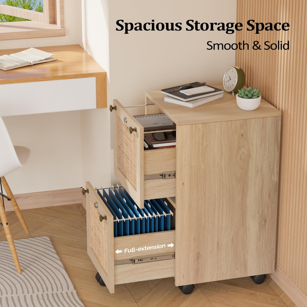2 Drawer File Cabinet with Lock, Rolling File Cabinets for Home Office, Small Printer Stand, Wood Rattan Oak File Organizer, Under Desk Filing Cabinet on Wheels for Folders with Tabs