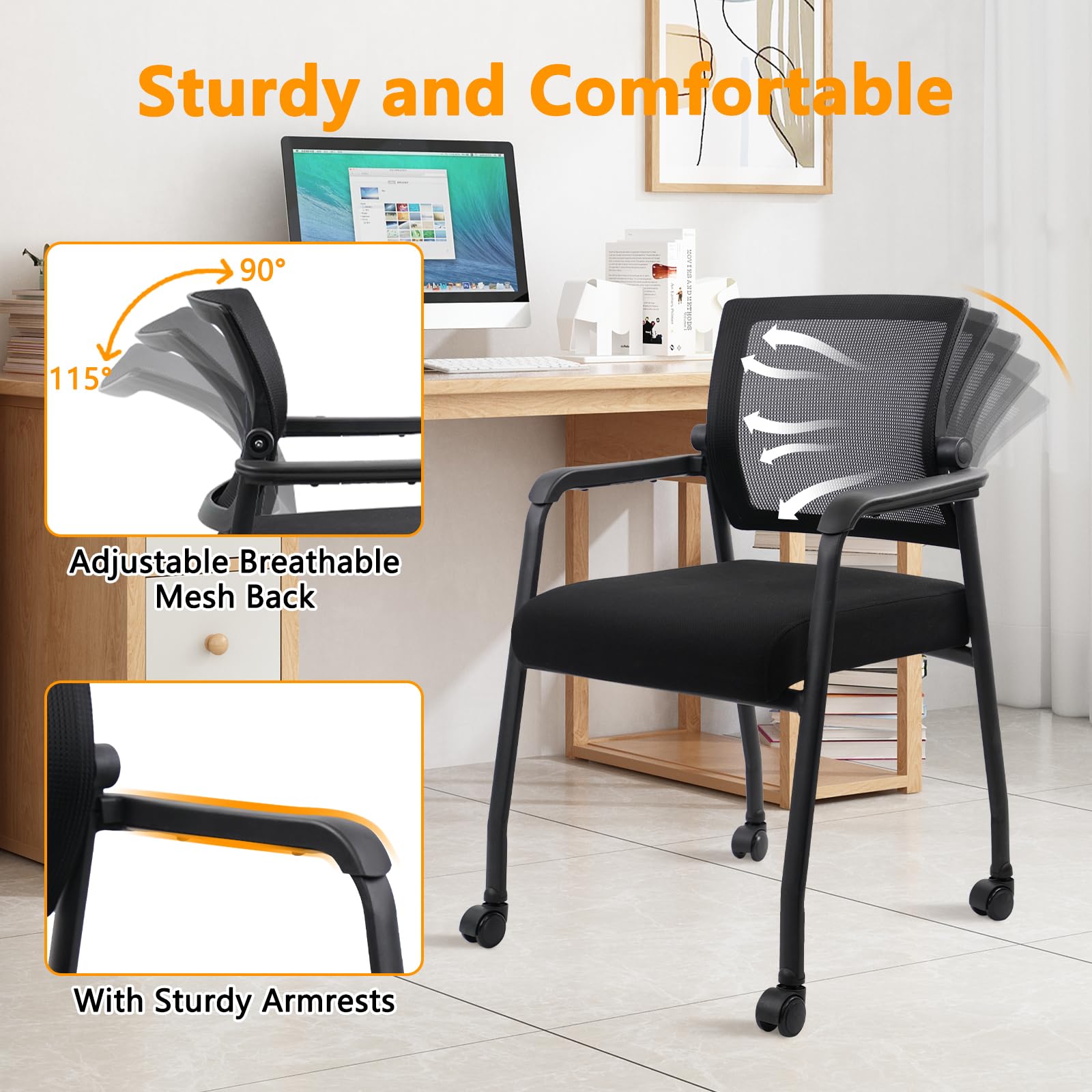 Waiting Room Chairs with Wheels, Adjustable Mesh Backrest, Desk Chair with Ergonomic Lumbar Support and Thickened Seats Cushion, Black