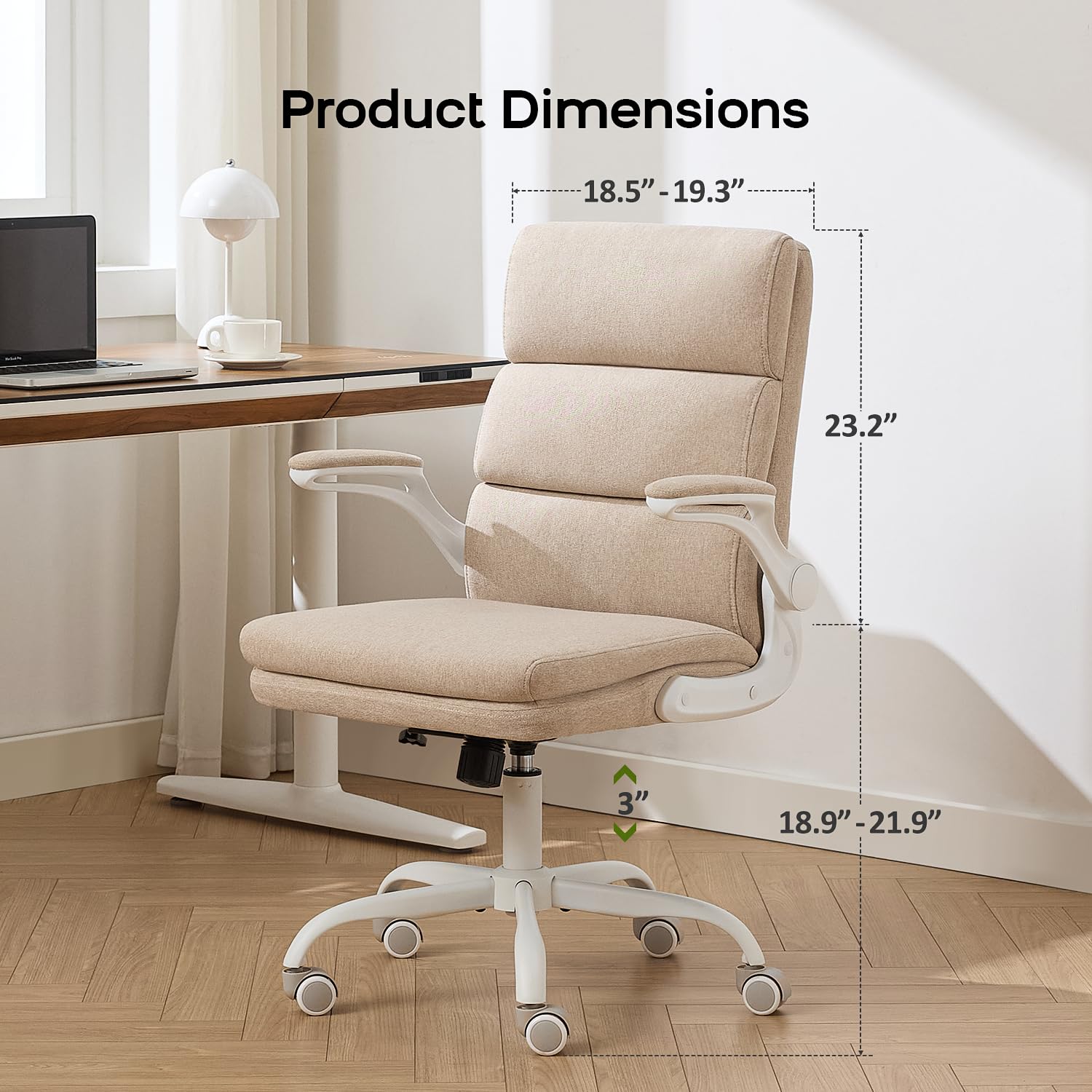 Office Chair Adjustable Desk Chair Mid Back Executive Comfortable Fabric Ergonomic Back Support Home Computer Chair with Padded Flip-up Armrest Swivel Wheels (Beige)