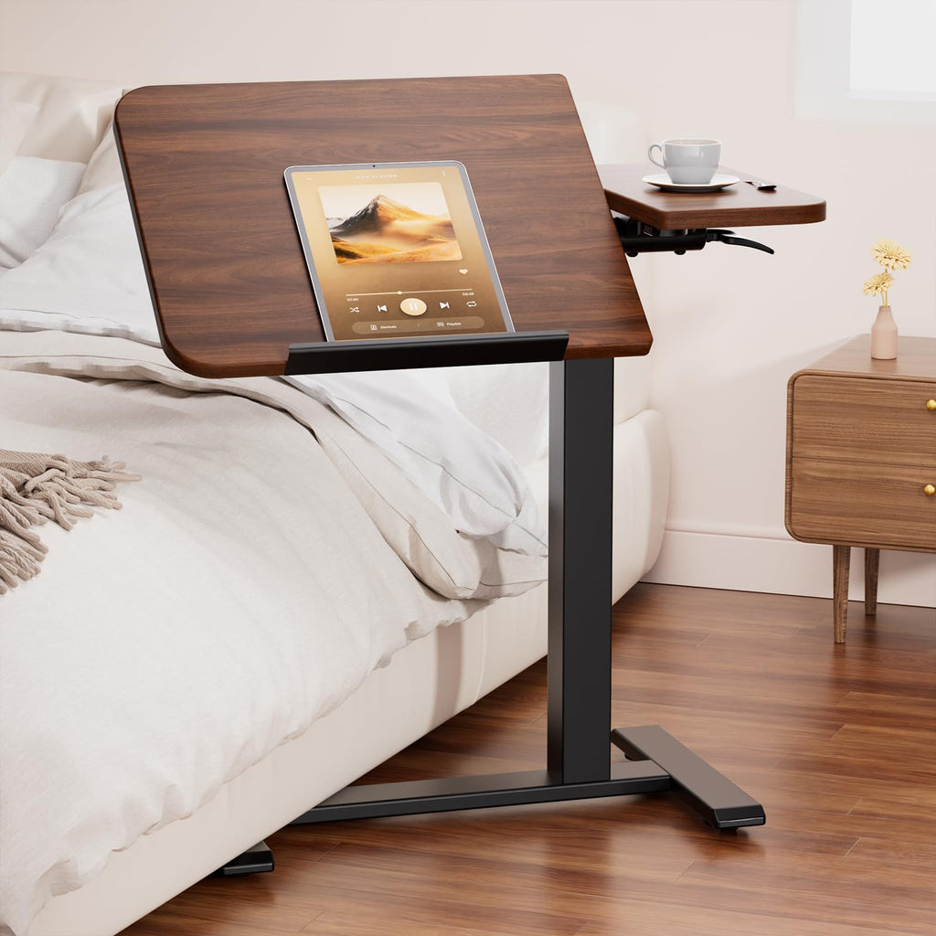 Tiltable Mobile Small Standing Desk, Pneumatic Adjustable Height Overbed Bedside Table with Wheels, Sit Stand Portable Rolling Laptop Desk Computer Workstations, Walnut