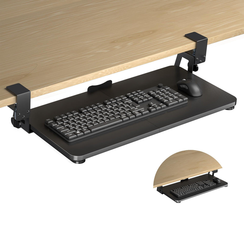 Keyboard Tray Under Desk Large C-Clamp 25.6” (30” Including Clamps) x 11.8” Slide-Out Platform Computer Drawer Pull Out Keyboard & Mouse Tray Black