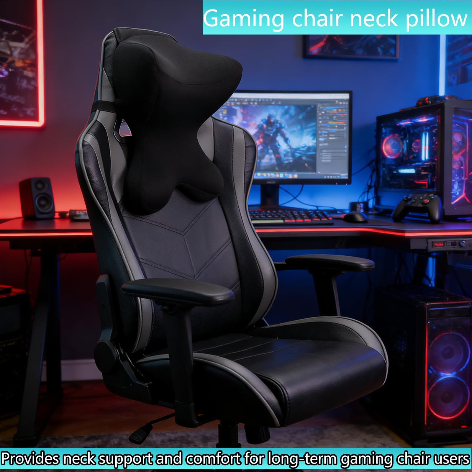 Headrest Pillow/Gaming Chair Pillow with Adjustable Strap Removable Cover Ergonomic Design Neck Support Pillow for auto, Office Chair, Gaming Chair(Black)