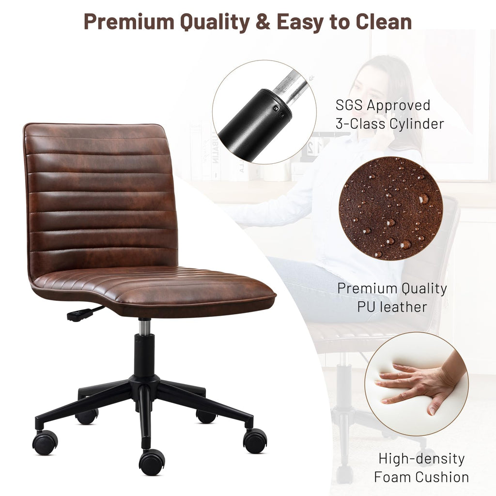 Leather Home Office Chair, Armless Vanity Desk Task Chair with Wheels 360° Swivel Computer Rolling Desk Chair with Back, Adjustable Accent Chair with Base Stool