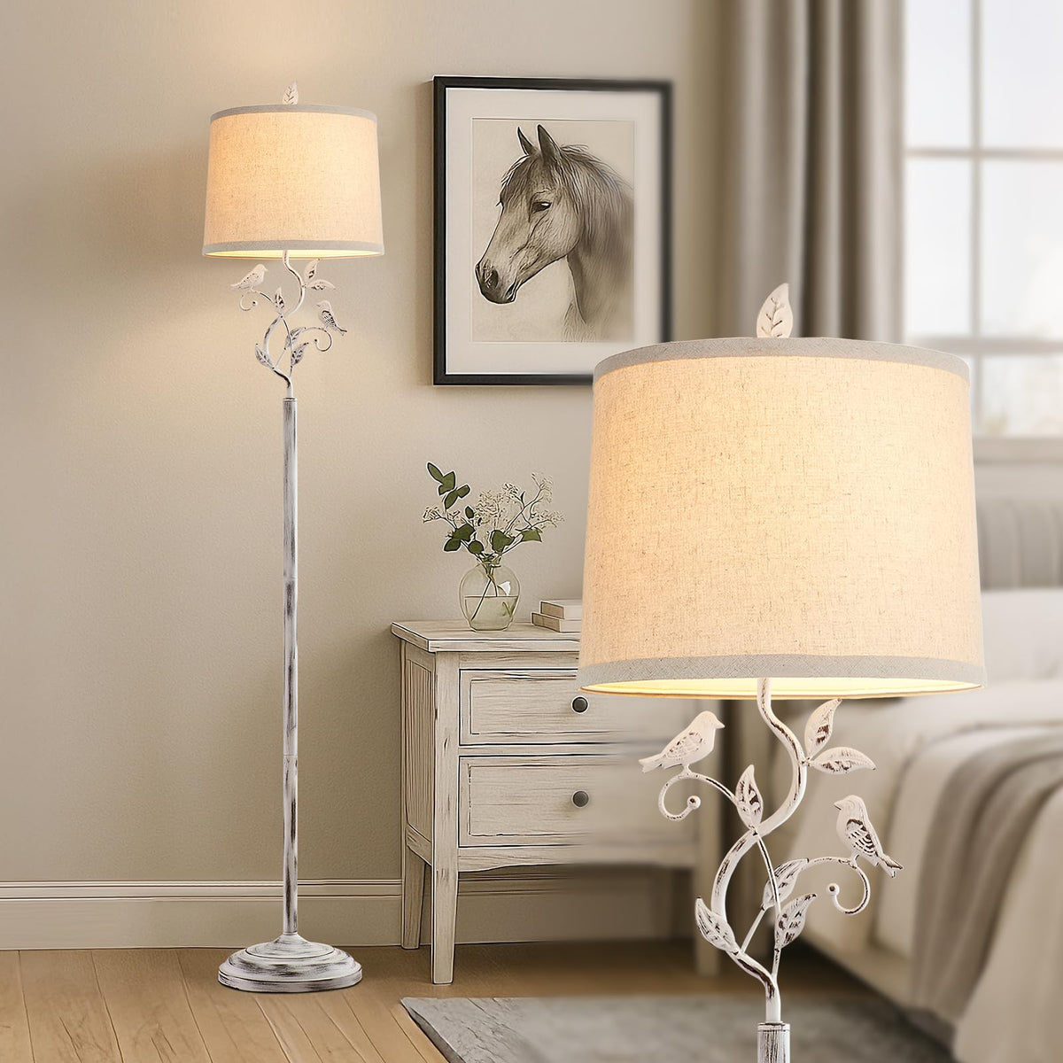 63" Vintage White Bird and Leaf Floor Lamp for Living Room
