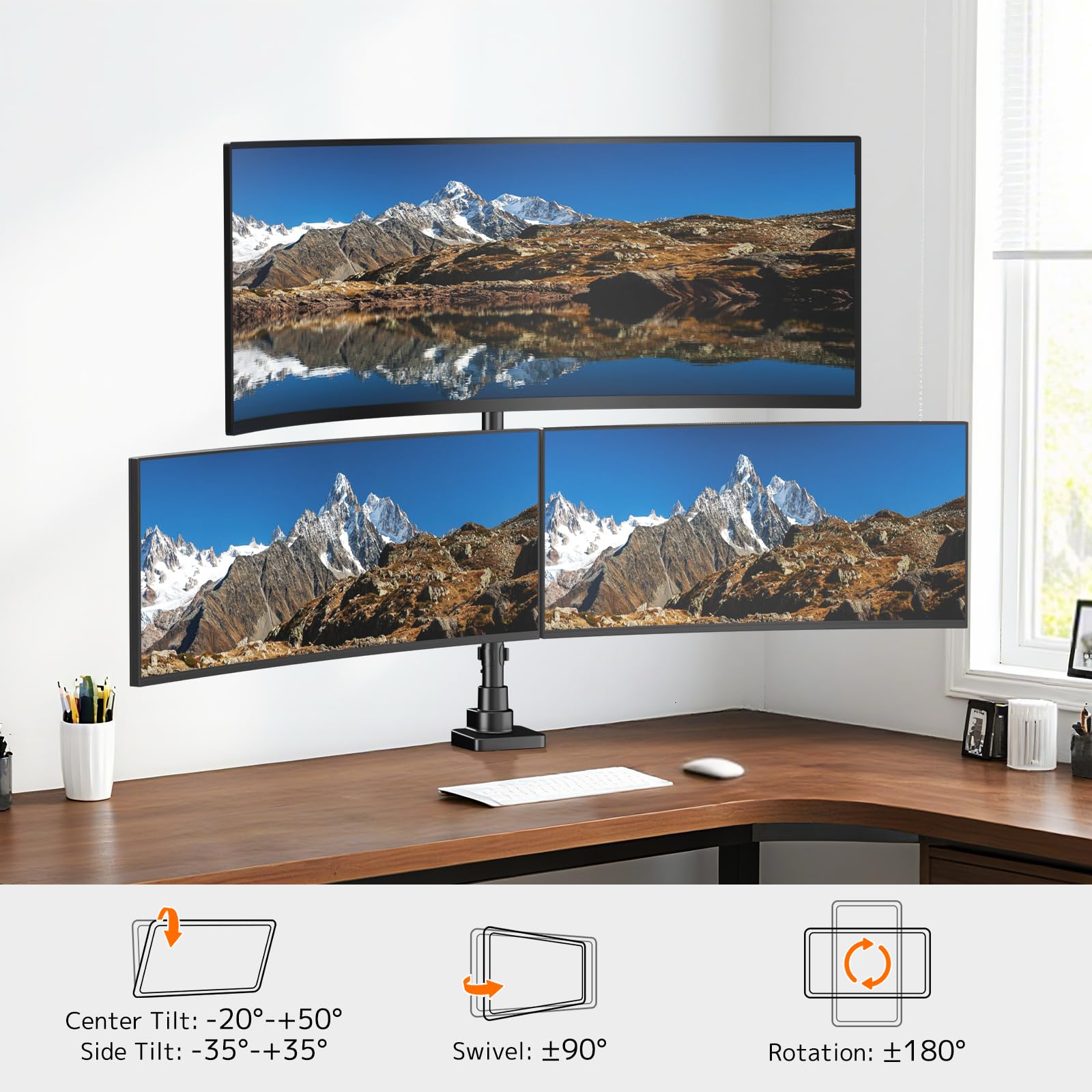 Triple Monitor Mount up to 49 inches, Fully Adjustable Heavy Duty 3 Monitor Arm with Gas Spring, Desk Mount for 3 Screens, C-Clamp & Grommet Base, Holds 44 lbs, Black