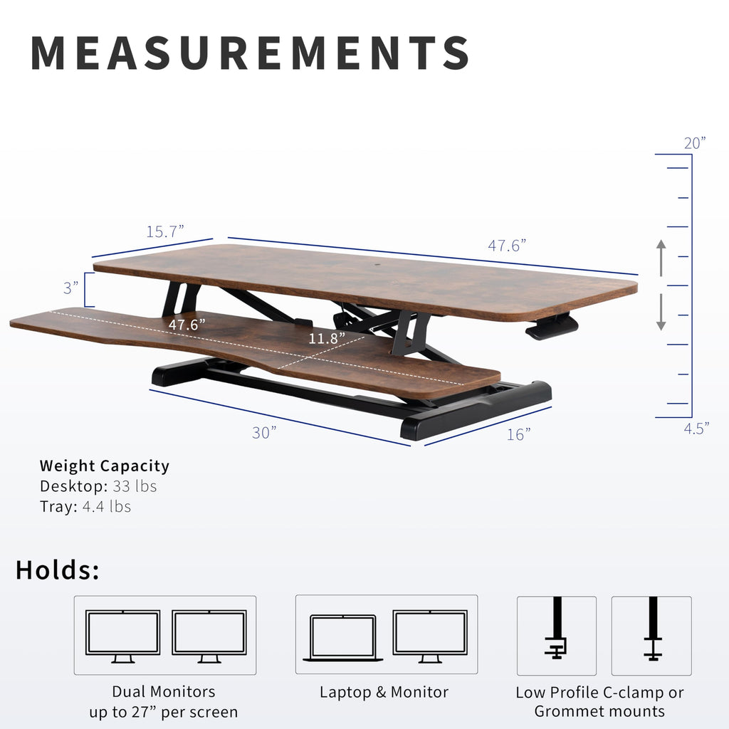 48 inch Desk Converter, K Series, Height Adjustable Sit to Stand Riser, Dual Monitor and Laptop Workstation with Wide Keyboard Tray, Rustic Vintage Brown Top, Black Frame, DESK-V048KN