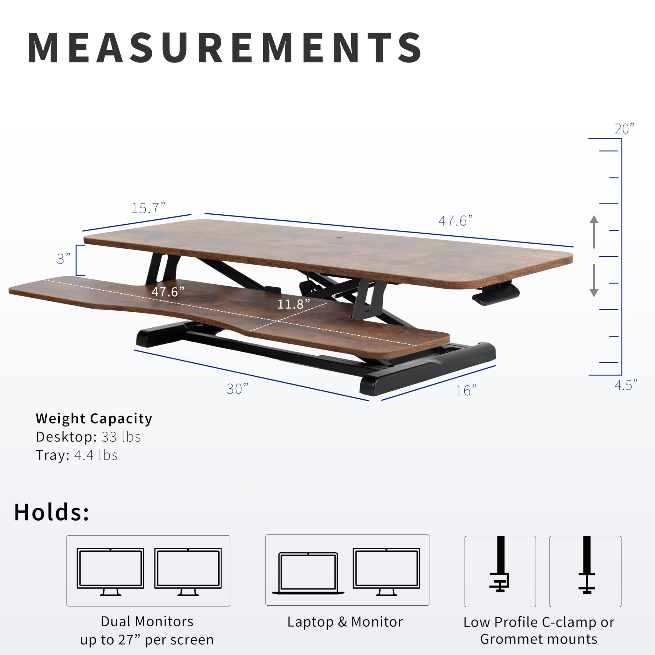 48 inch Desk Converter, K Series, Height Adjustable Sit to Stand Riser, Dual Monitor and Laptop Workstation with Wide Keyboard Tray, Rustic Vintage Brown Top, Black Frame, DESK-V048KN