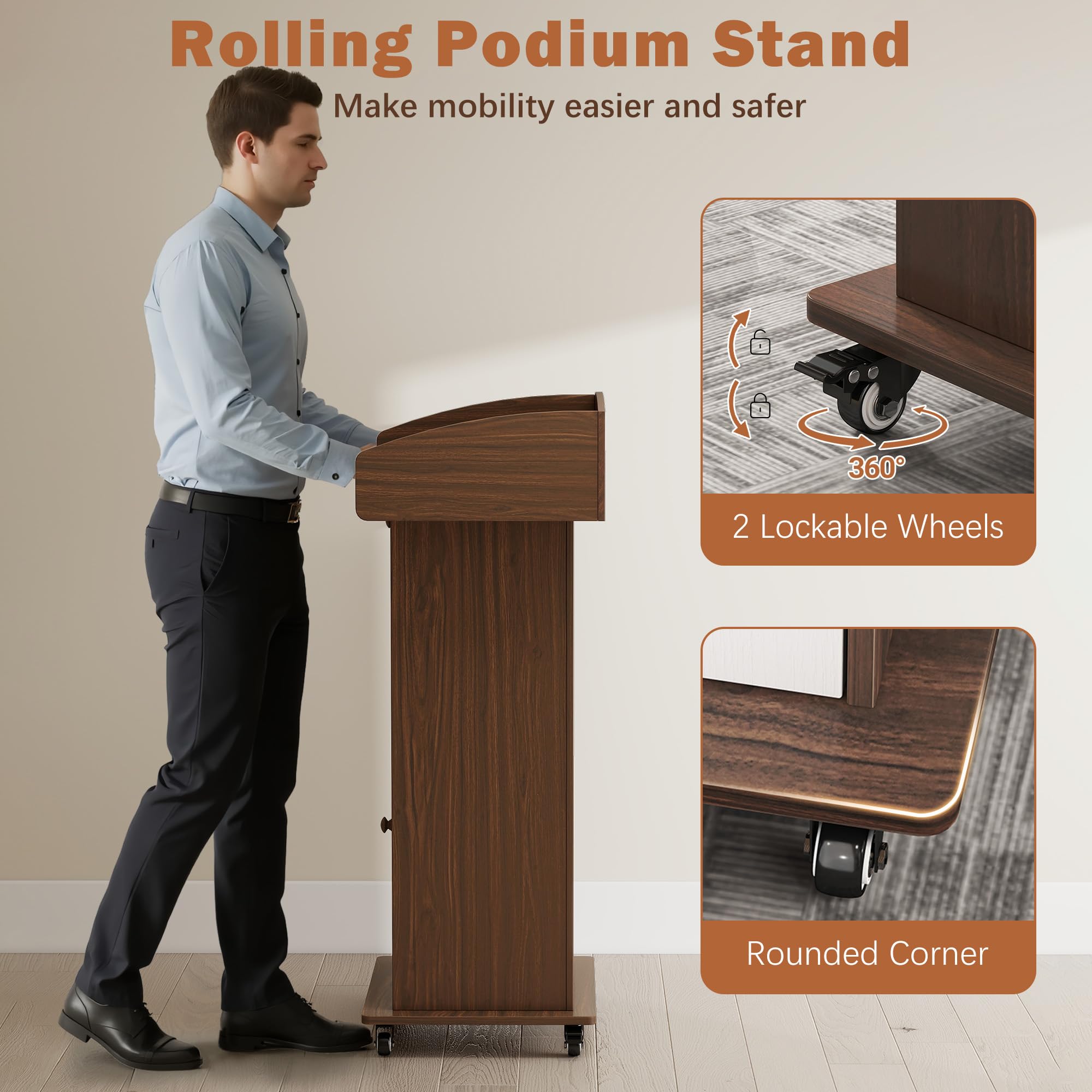 Podium Stand with Metal Wheels Wooden Lectern Podium Stand Portable Pulpit Standing with Storage Mobile Reception Podiums for Church Office School Conference Restaurant Meeting,Brown White