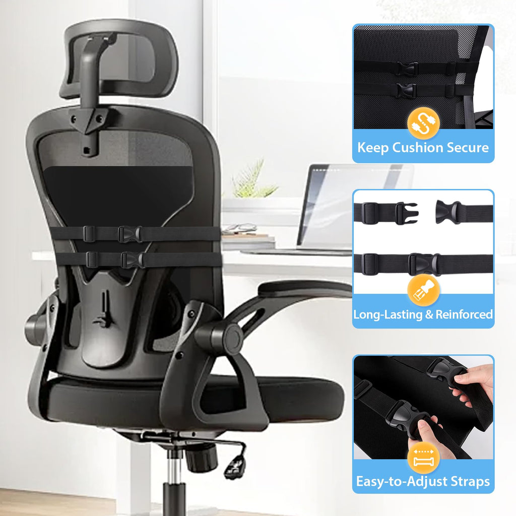 Large Lumbar Support Pillow for Office Chair, Car Seats and Home Desks, Ergonomic Back Support with Double Adjustable Straps, Machine Washable Cover (Black,XL)