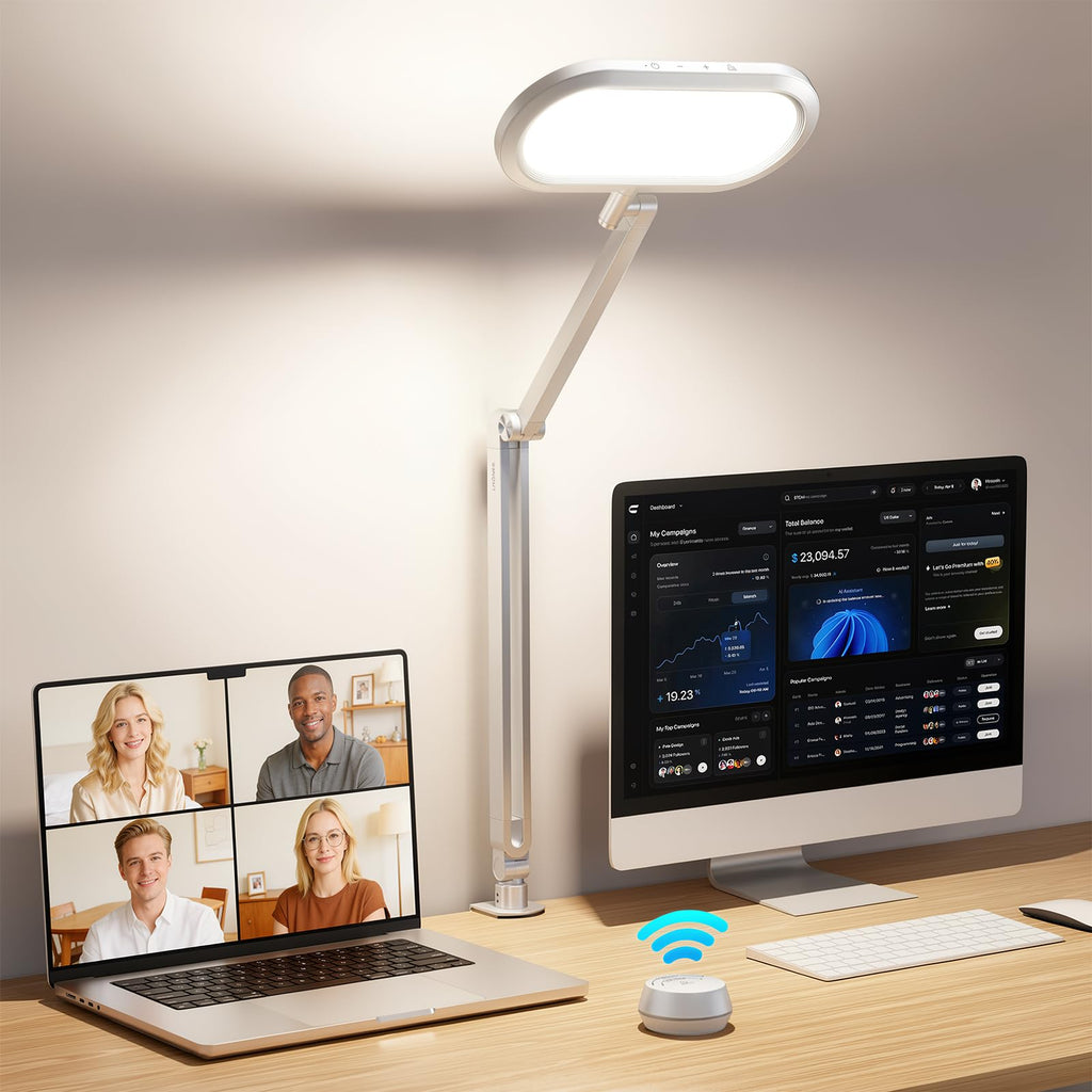Desk Lamp for Home Office with Clamp for Video Conference, 50 Lighting Modes, Double-Sided Desk Light with Stepless Dimmable Knob Remote, Adjustable Arm Light for Video Recording, Zoom Call
