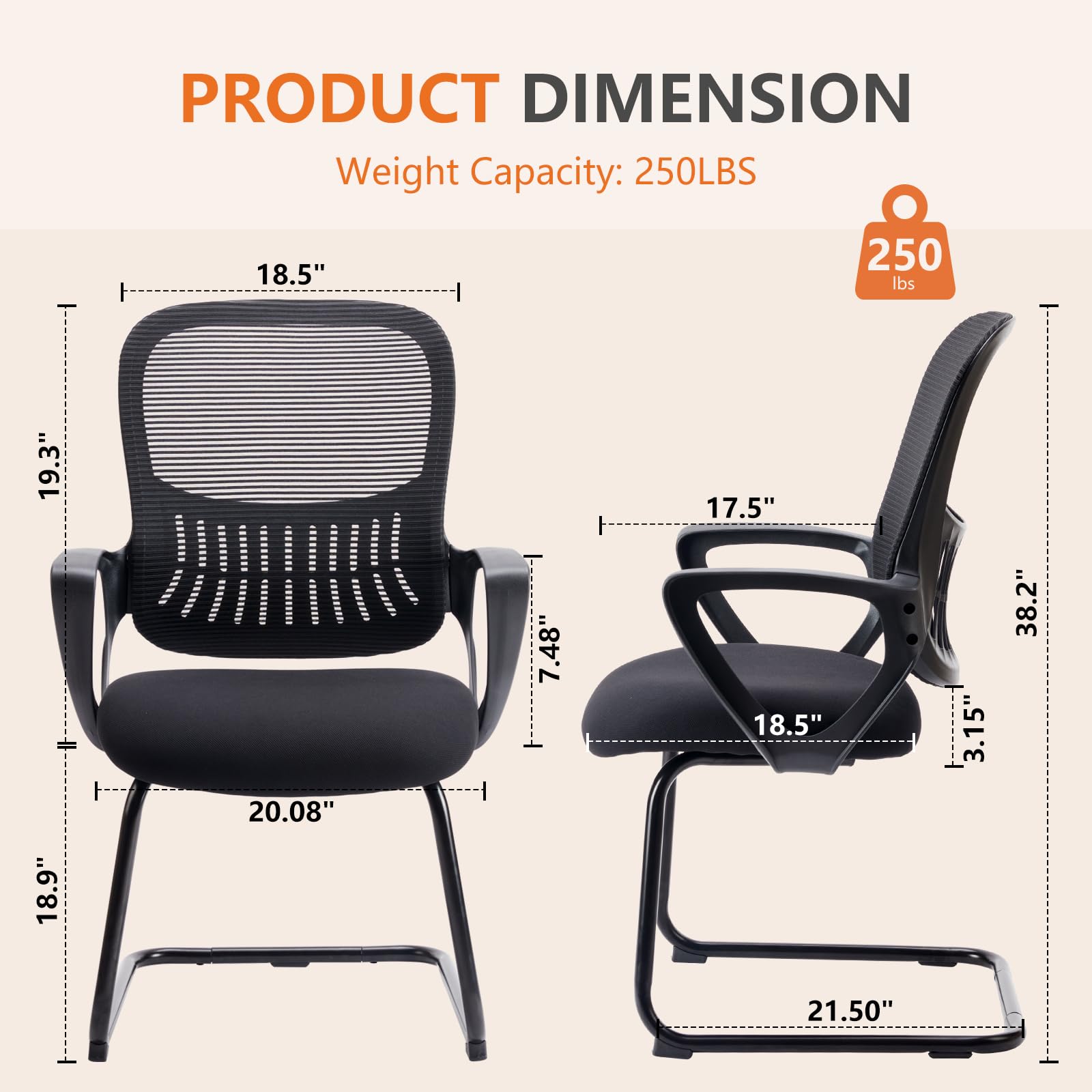 Set of 2, Reception Chair No Wheels, Stationary Non Rolling Mesh Mid Back Computer Guest Side with Lumbar Support for Waiting Area Reception Conference Room,Modern Black
