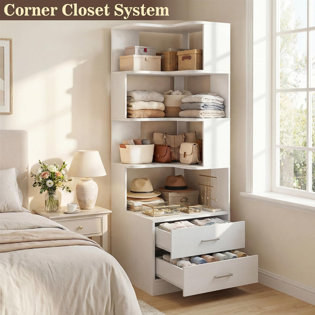 Corner Book Shelf with Drawers, Small Corner Shelf with Drawers