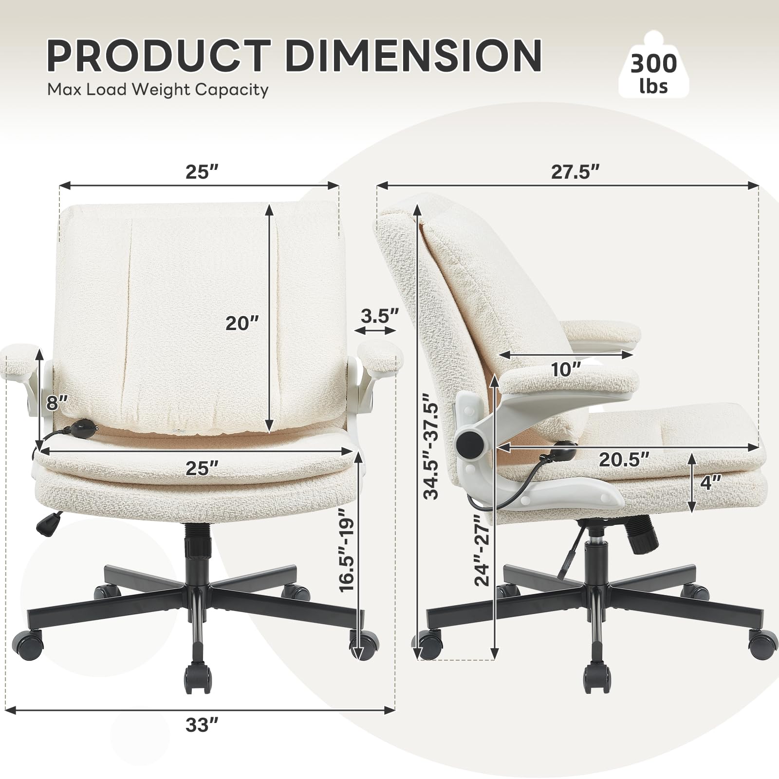 Criss Cross Office Chair with 2 in 1 Inflatable Flip-up Back, Ergonomic Wide Seat Desk Chair with Adjustable Arms and Wheels, Cross Legged Office Chair for Home & Office, Beige