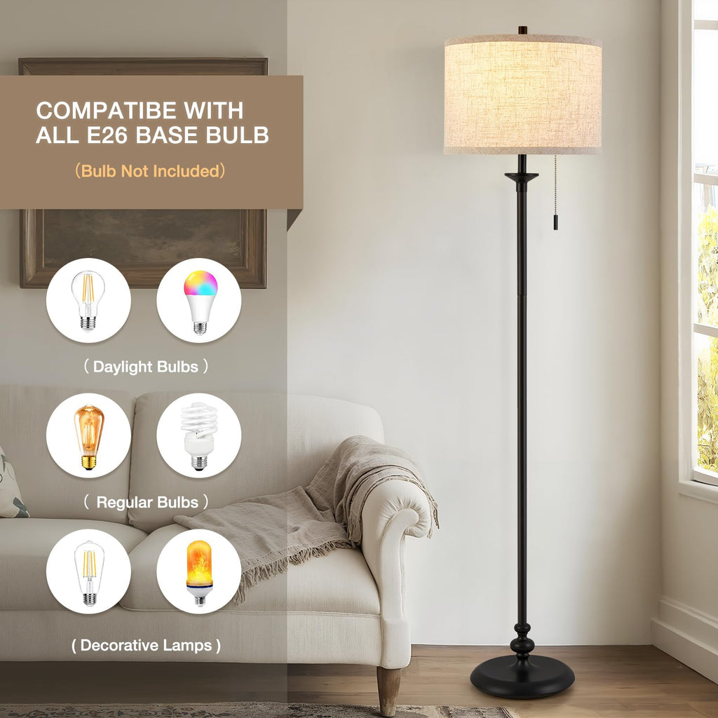 Black Floor Lamp, 60" Standing Lamp with Fabric Lampshade