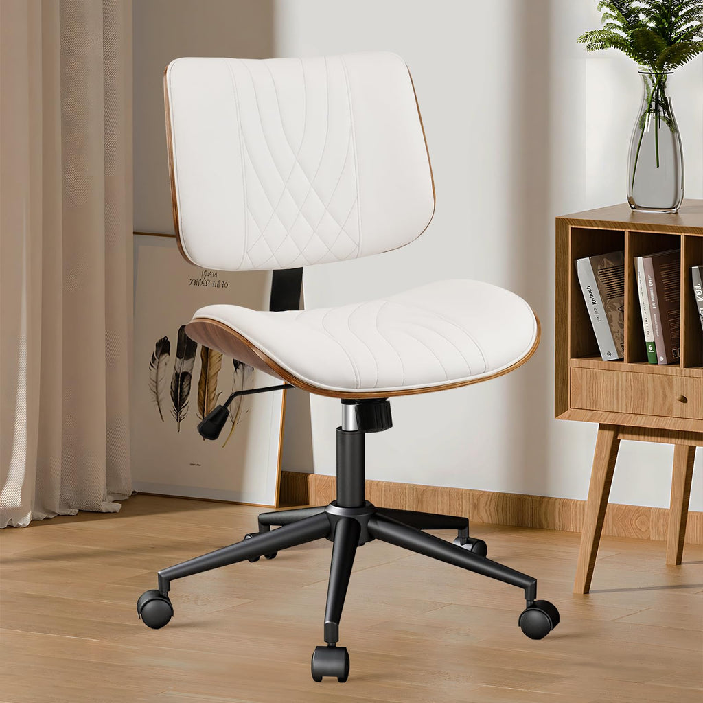 Armless Home Office Chair, Desk Chair with Wheels, Adjustable Height Reading Chair, Leather Mid Back & Swivel Computer Chair, Modern Walnut Chairs with Back for Studio Meeting Room(White)