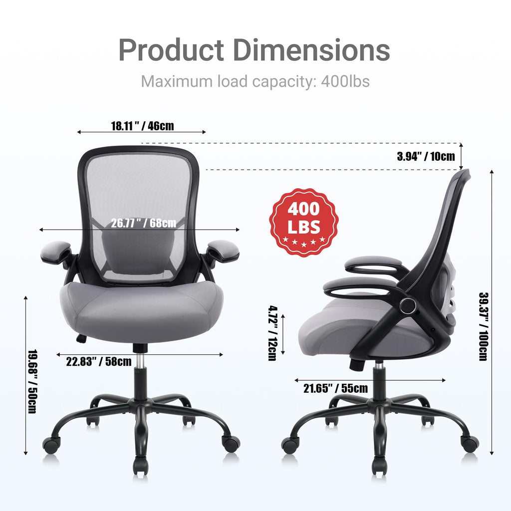 400lbs Heavy Duty Office Chair, 5" Thickened Seat Ergonomic Desk Chair with Adjustable Armrests, Home Office Computer Chairs for Long Hours Mesh Executive Chair(Dark Grey)