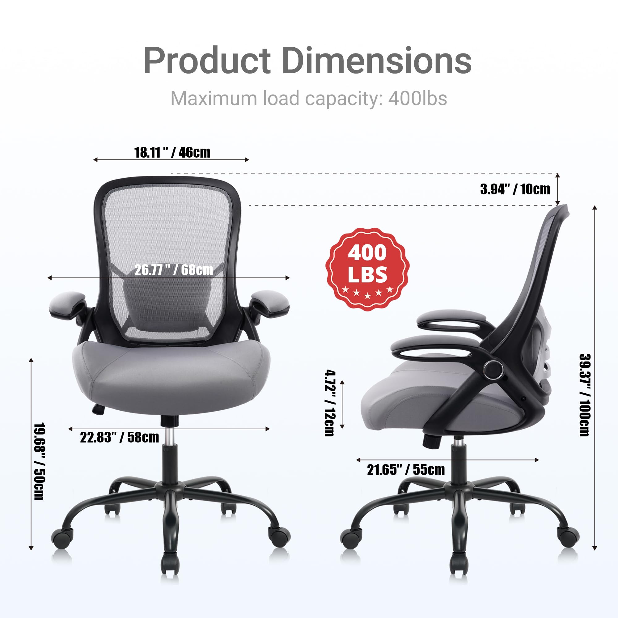 400lbs Heavy Duty Office Chair, 5" Thickened Seat Ergonomic Desk Chair with Adjustable Armrests, Home Office Computer Chairs for Long Hours Mesh Executive Chair(Dark Grey)