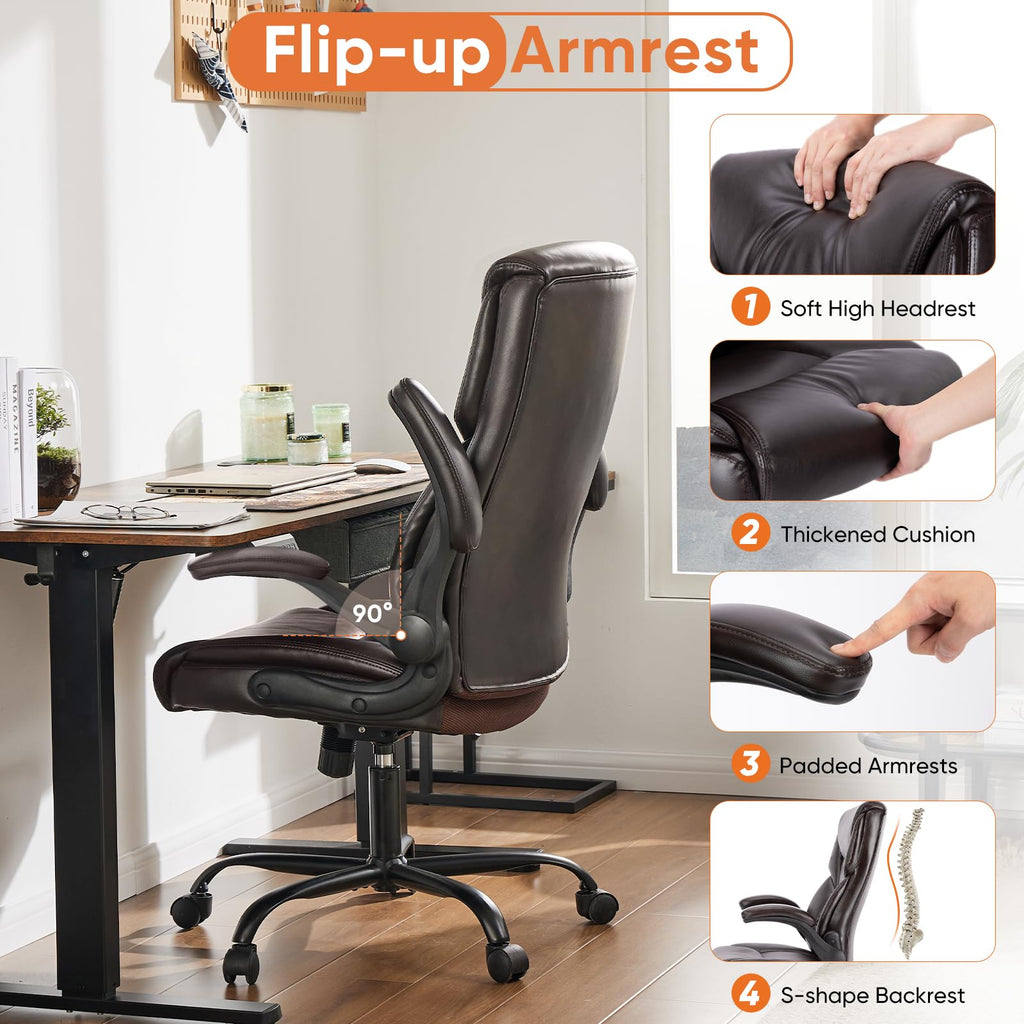 Set of 2, Ergonomic Computer Gaming Office Chair  Heavy Duty Task Desk Swivel Rolling Chairs with Wheels, Flip-up Arms, Adjustable Height, PU Leather,Dark Brown
