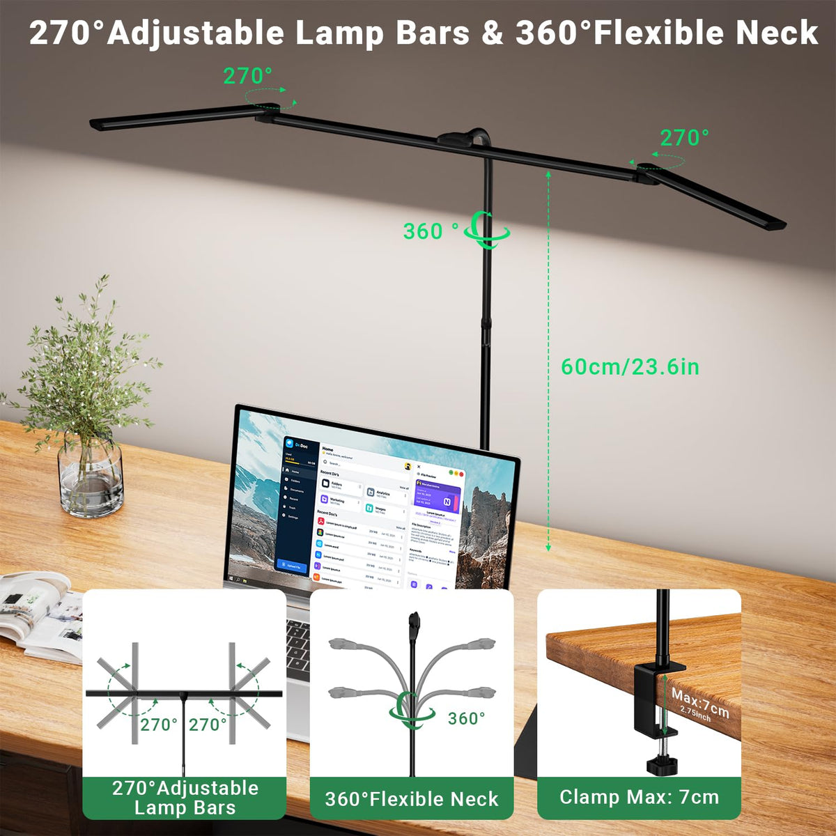 LED Desk Lamp for Home Office,3 Lamp Bars, 5 Color Temperatures & 10 Dimming Brightness, Flexible Neck, 15W USB Adapter Desk Light with Clamp for Reading, Study, Craft (Black)